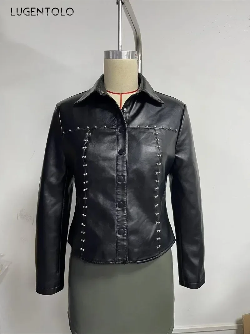 Mulheres jaqueta do plutônio outono novo couro falso clássico casaco de motociclista único breasted recortado lapela rebite cardigan topos moda rua wear