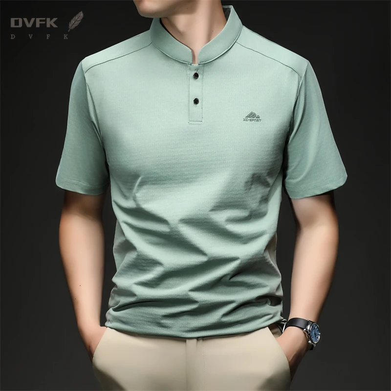 Mens Short Sleeve Mandarin Collar Sport Polo Shirt Casual Tops With Embroidery Breathable Slim Fit Mesh Tees For Men - view 2