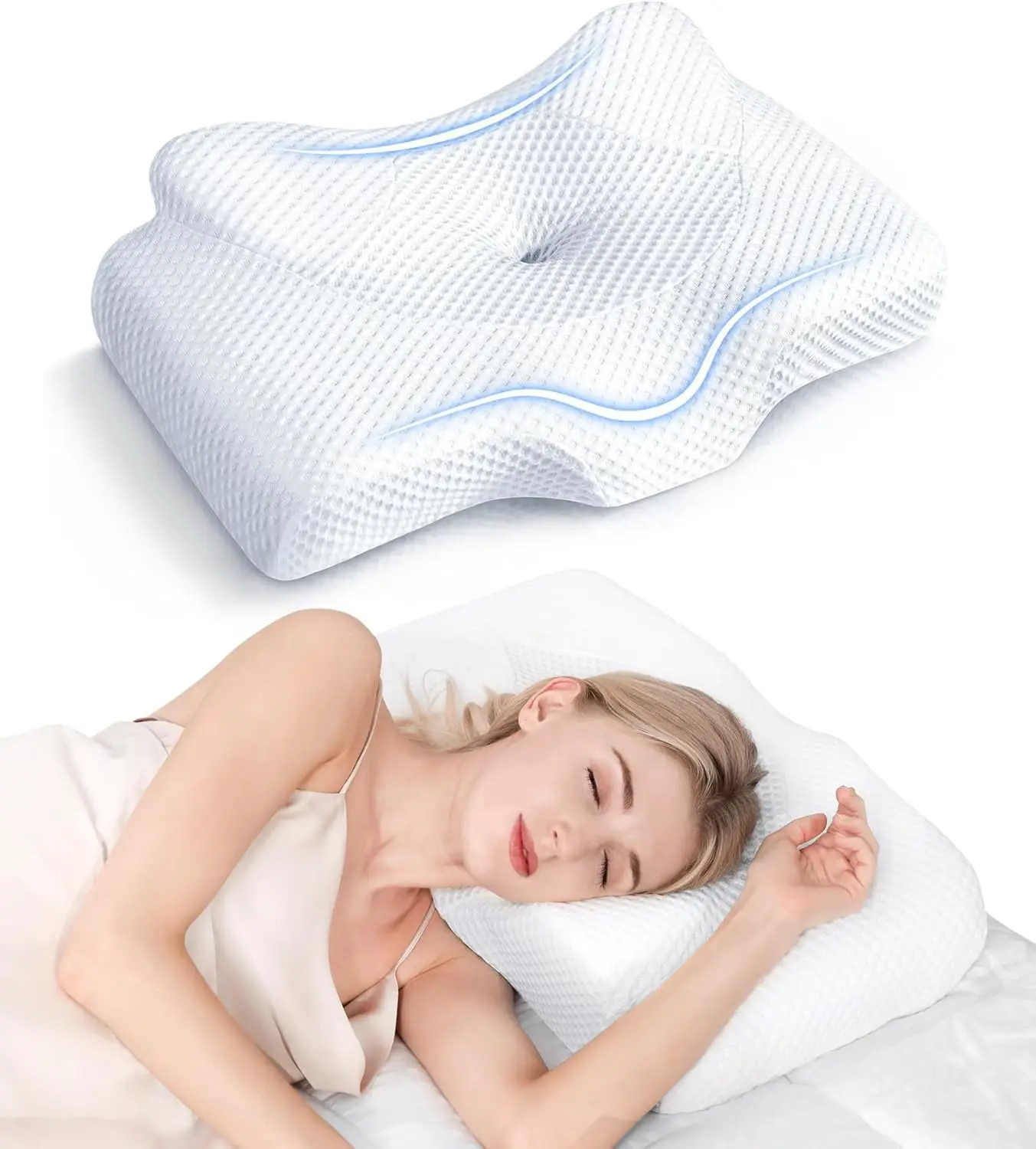 

Cervical Pillow for Neck Pain Relief, Hollow Design Odorless Memory Foam Pillows with Cooling Case, Adjustable Orthopedic Bed Pi