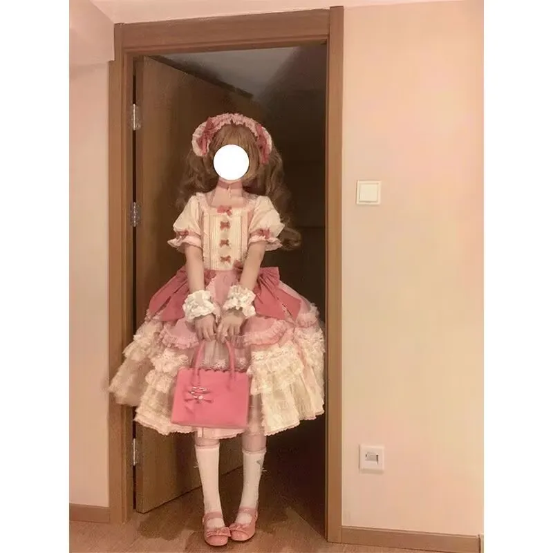 原宿系ドーパミンロリータプリンセスパフスリーブボウコスコミックショーキュートY2Kケーキドレス