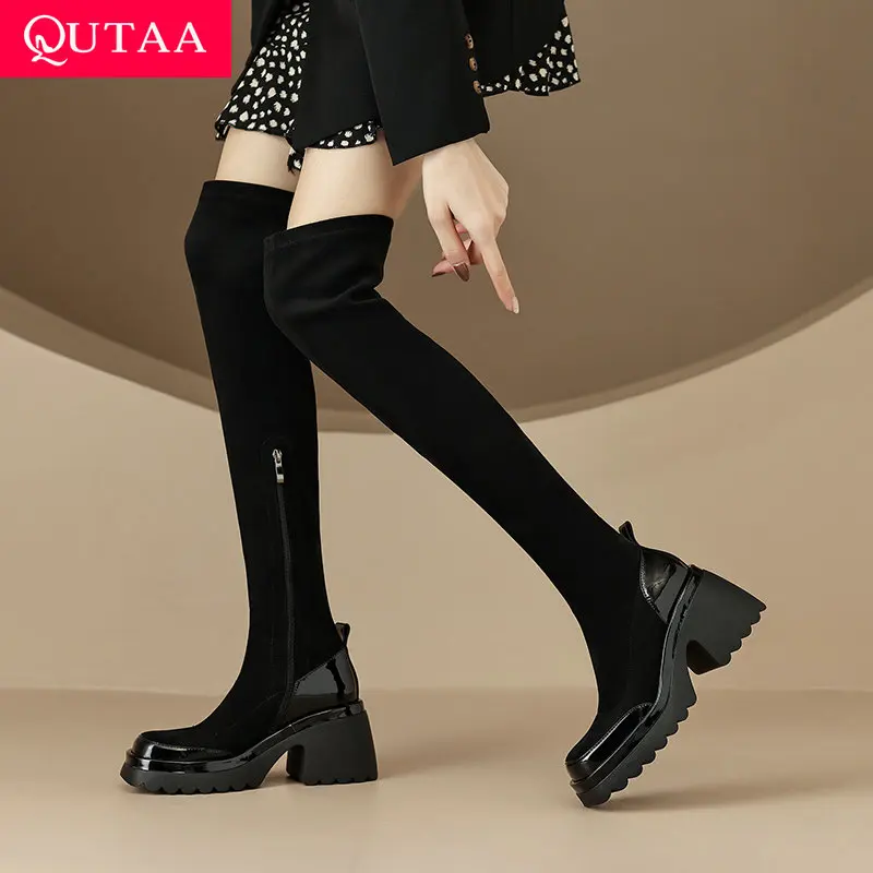 

QUTAA 2026, зимние женские сапоги выше колена, эластичные бархатные осенние туфли на шнуровке, модные ботинки на каблуке с круглым носком и молнией, 34-41