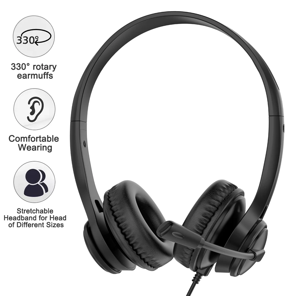 Auriculares USB/Tipo C/3,5 mm con micrófono para PC Auriculares de negocios con micrófono giratorio Cancelación de ruido para centro de llamadas