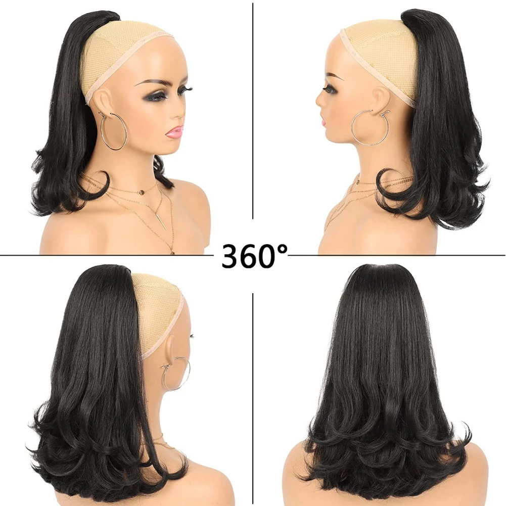 Short End Curly Synthetic Draw-string Ponytails for Women 16 Inch Yaki Hair Ponytails Heat Resistant Matte Fiber Ponytail Hair