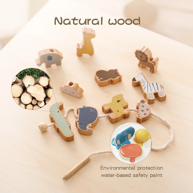 Baby Montessori Toy Wooden Animal Threading Stacking Toy Block Board Games Baby Animal Stringing Threading Block Puzzle Toy Gift