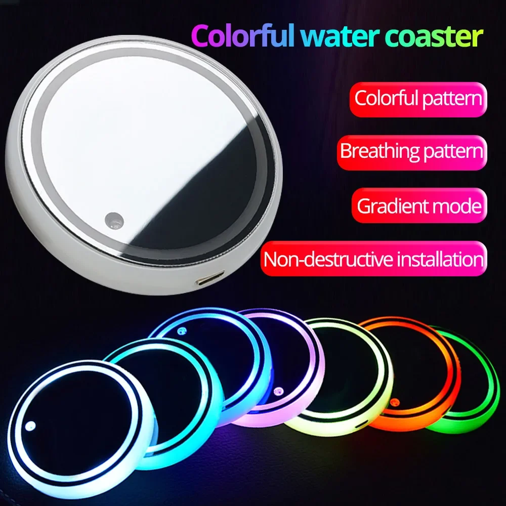 1X Auto Led Car Cup Holder Bottom Pad LED Hub Lamp Cover Trim Atmosphere Lamp Welcome Light Anti-slip Mat Colorful Light Coaster