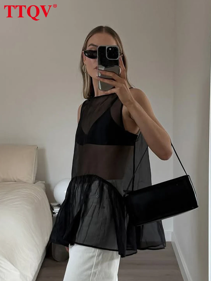 TTQV Summer Loose Black Women's Tank Top 2026 Sexy O-Neck Sleeveless Vest Elegant Classic See Through Solid Top Female Clothing