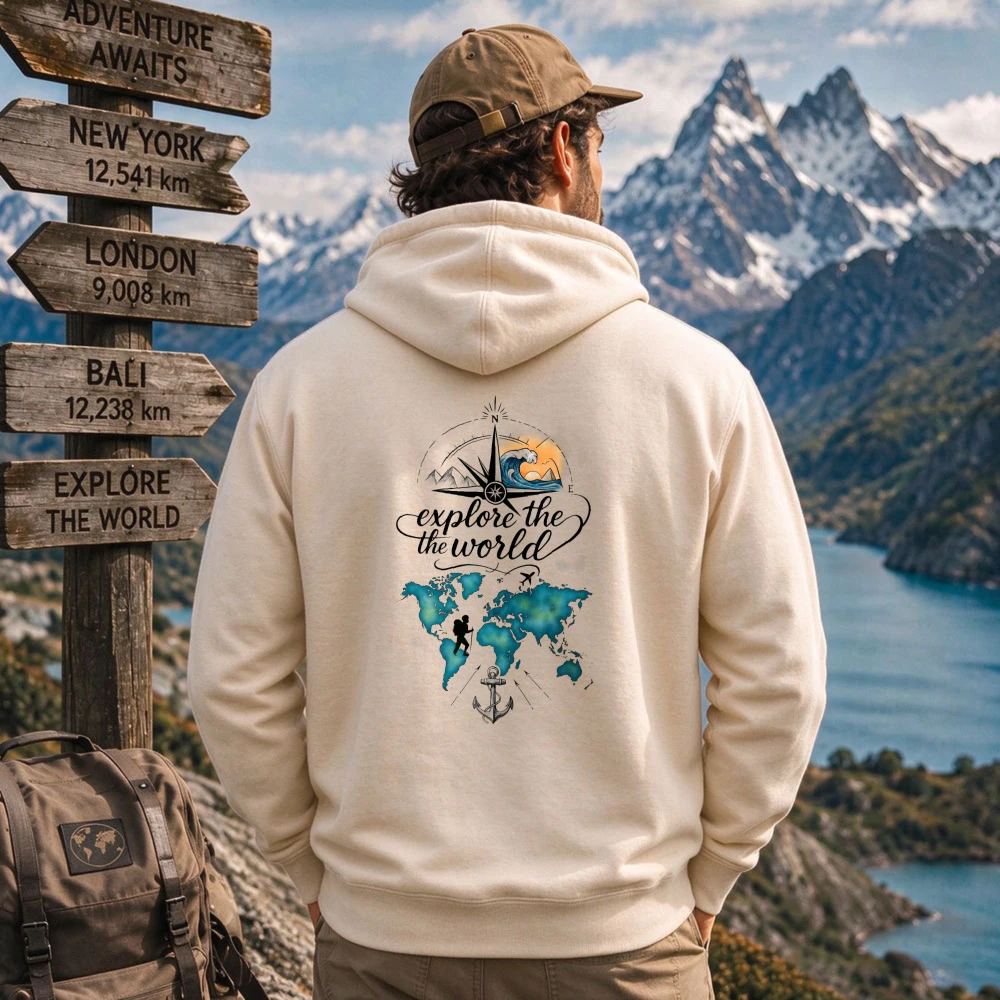 Explore The World World Map Compass Anchor Ocean Graphic Hoodie Unisex Print Pullover Travel Adventure Wanderlust Casual Tops