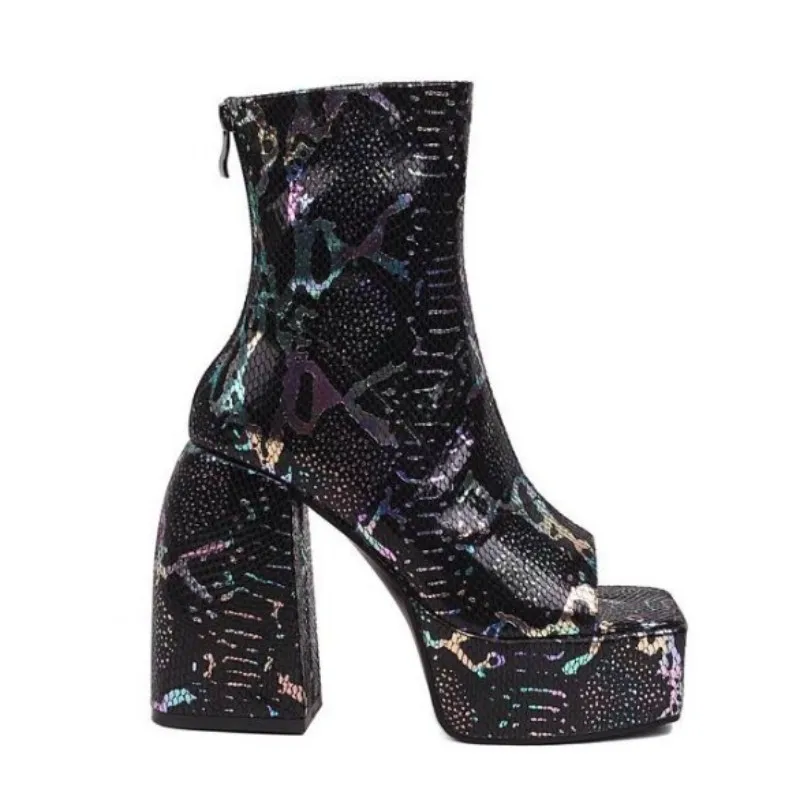

Fashionable women's high-heeled boots. About 12cm heel height. Peep toe boots. Ankle boots. Printed boots. Fashion show banquet