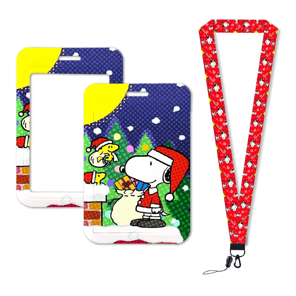 Snoopy sarung kartu Natal Lanyard GirIs, sarung lencana pegangan kartu Bank anti selip tali pemegang lencana