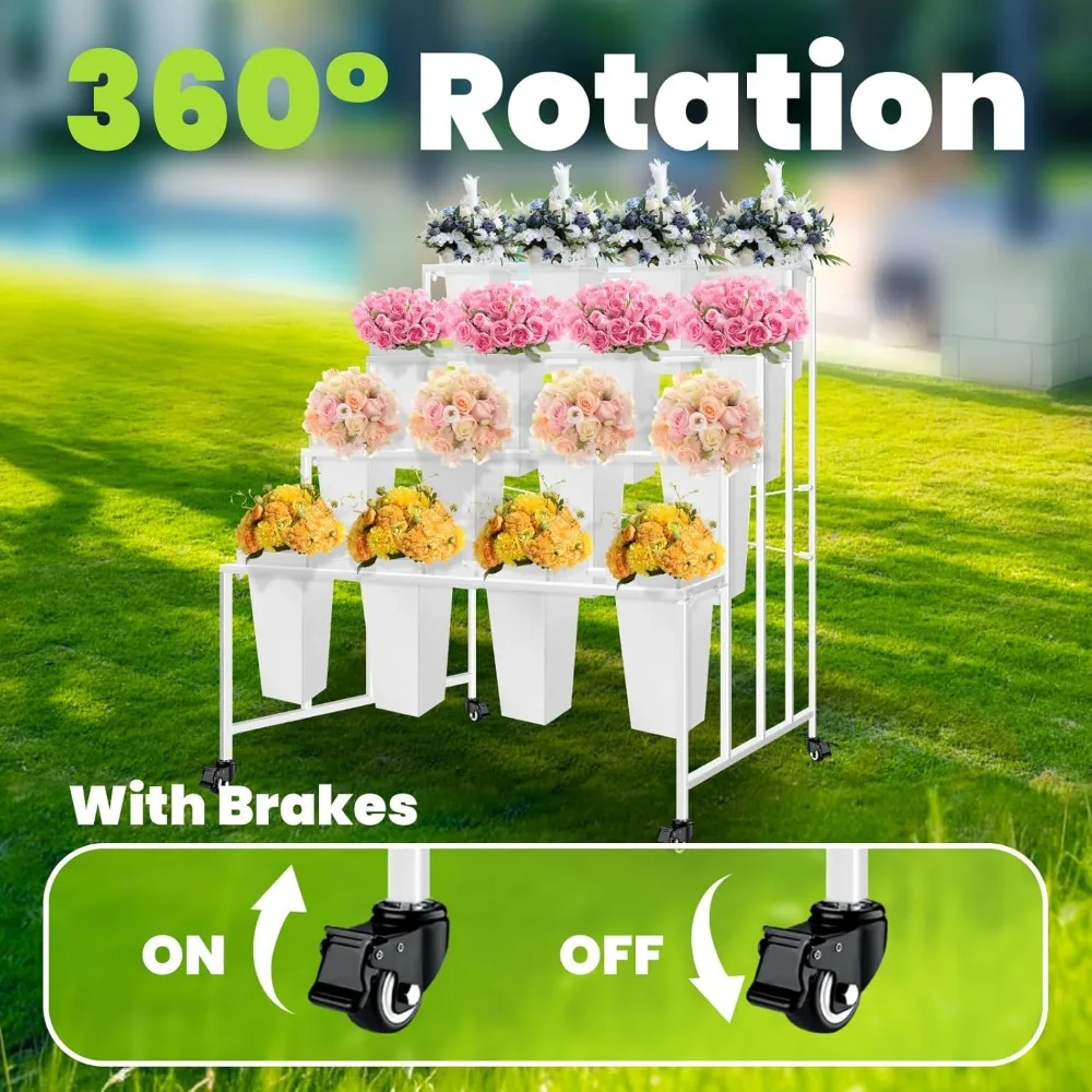 Carrello per piante mobile a 4 livelli per impieghi gravosi con 16 secchi per esposizioni floreali e facile trasporto con ruote