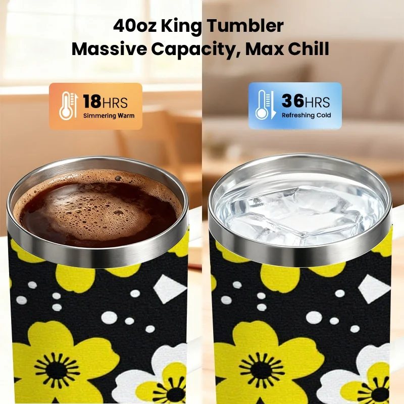 Playful Floral Pattern 40Oz Stainless Steel Insulated Tumbler, Digitally Printed Black Background Cup with Yellow And White Flower Designs, Reusable Drinkware for Daily Commute And Outdoor Use