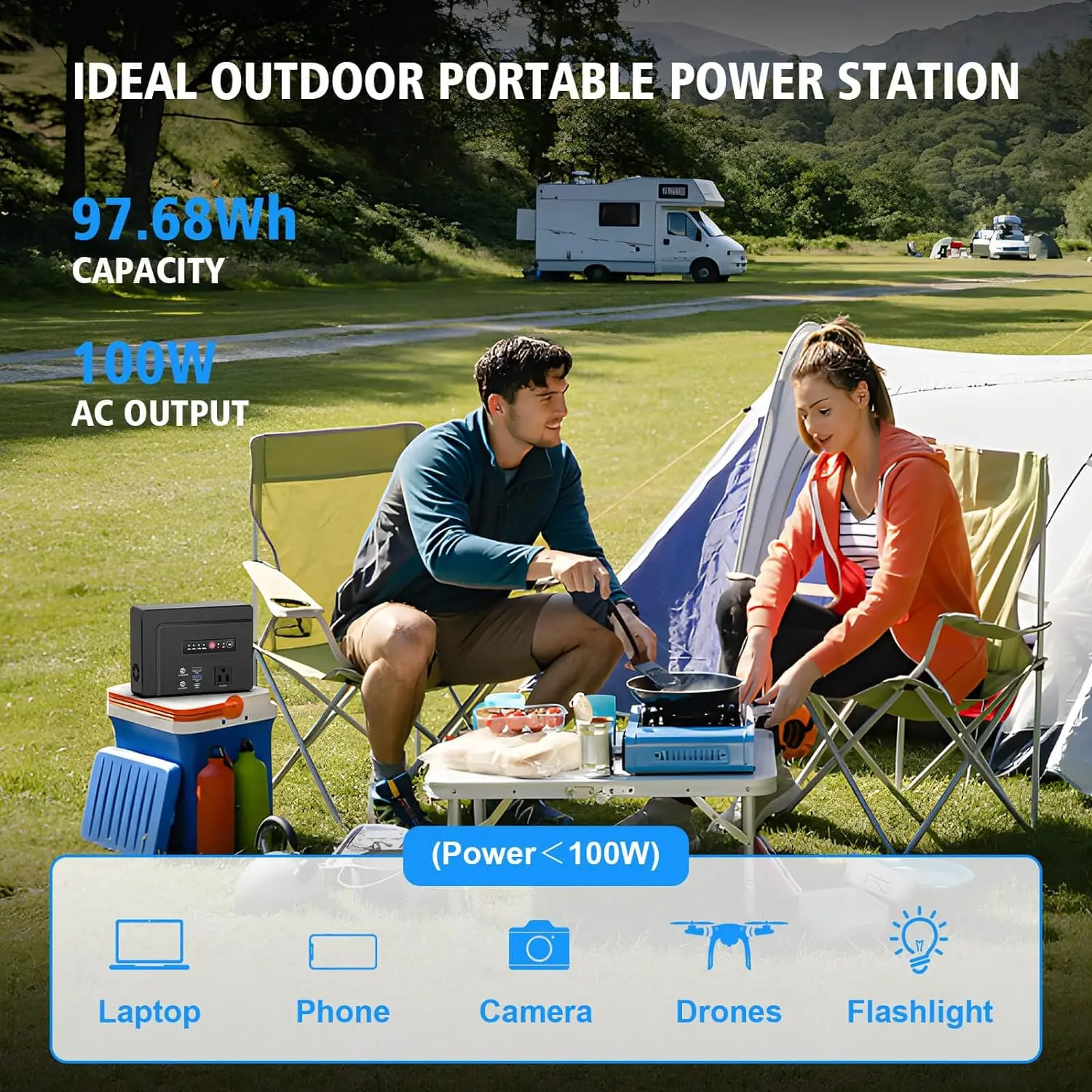 Estação de energia portátil Powkey 100W/97,68Wh, banco de potência com tomada AC 26400mAh bateria de carregamento rápido para acampamento ao ar livre RV