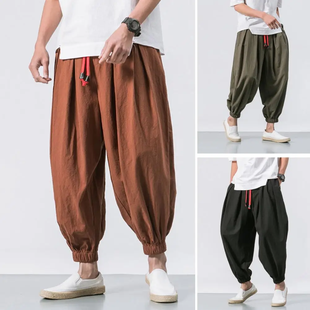 Multi-pocket Design Bloomers Chinese Style Men's Harem Pants with Elastic Waistband Side Pockets Retro Streetwear Bloomers for A