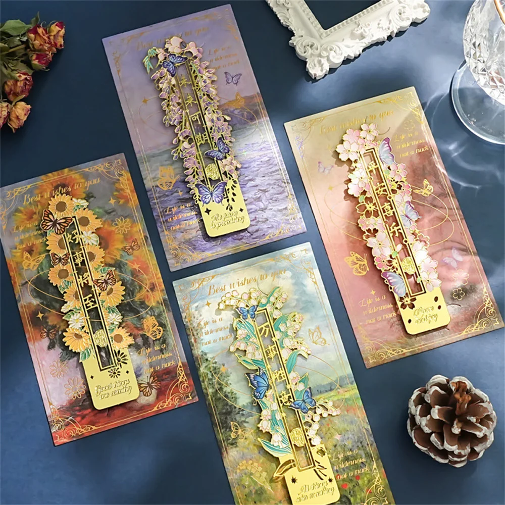1 шт., закладка с цветком и бабочкой, металлические золотые полые закладки, студенческий подарок, закладка с цветочной живописью, школьные и офисные принадлежности