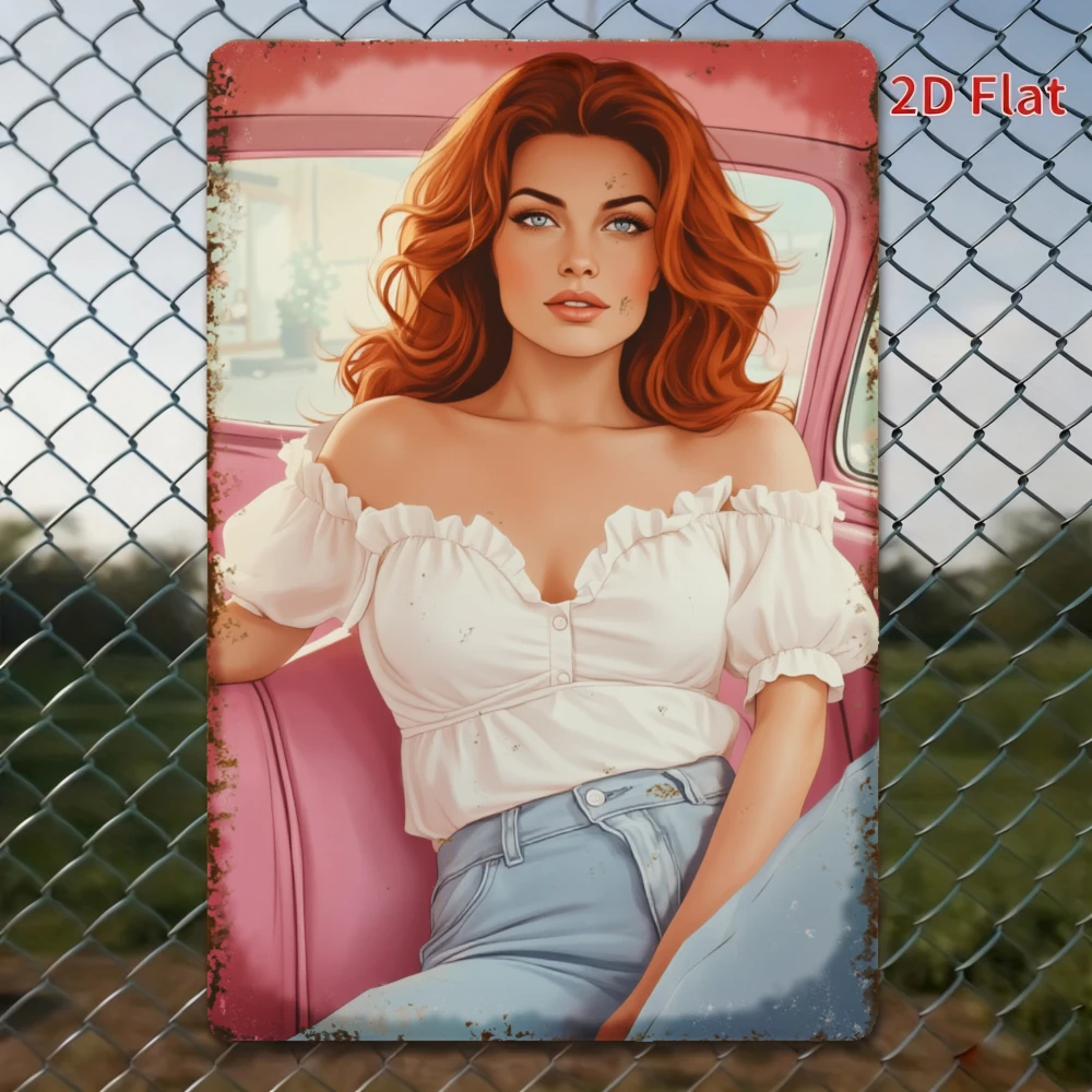 CIFBUY Redhead Woman Metal Sign White Off Shoulder Top Pink Car Tin Poster Retro Wall Art Home Cafe Bar Living Room Decor Gift