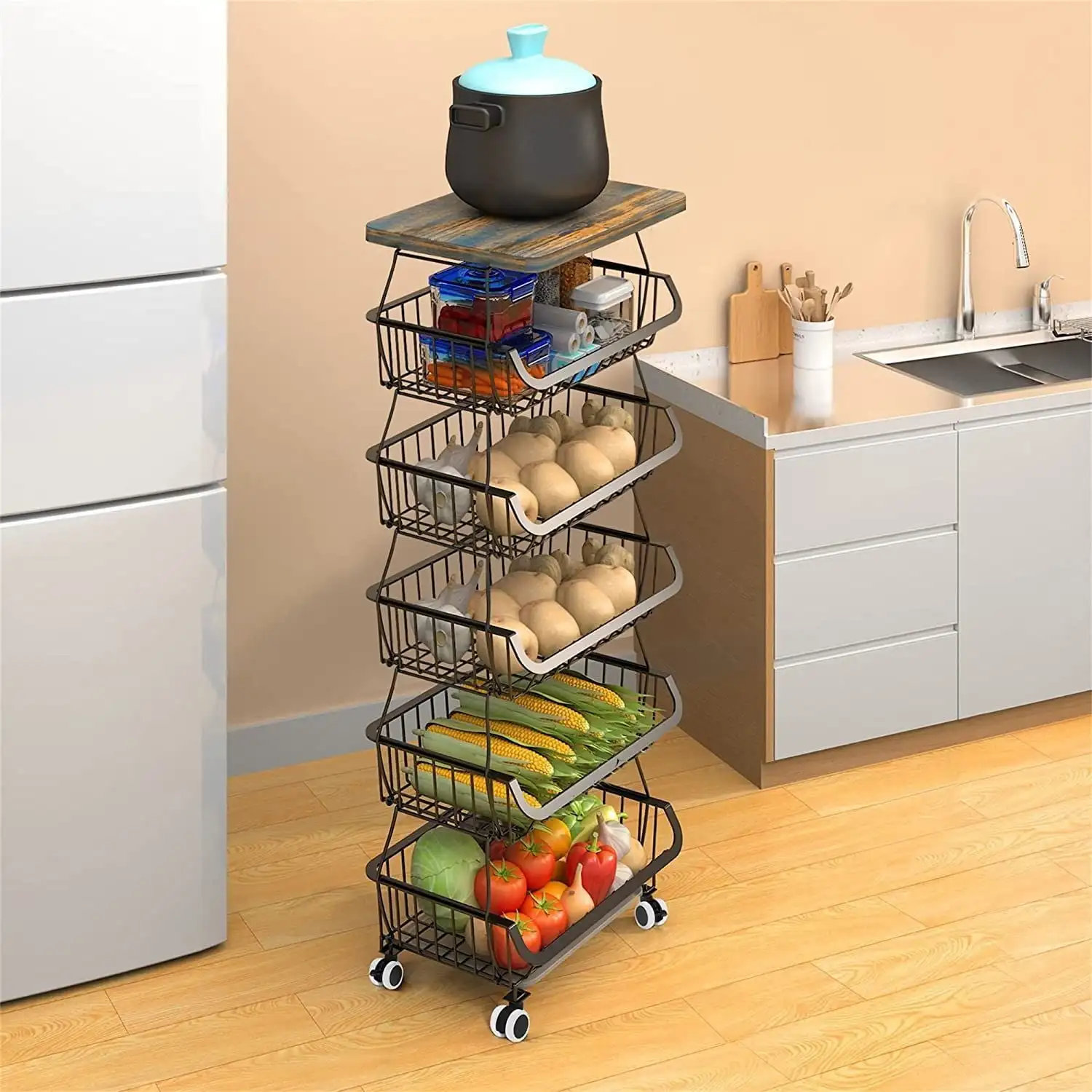 

6-Tier Fruit Basket Rack, Stackable Wire Basket Cart with Solid Wood Top, Kitchen Vegetable Storage&Organization