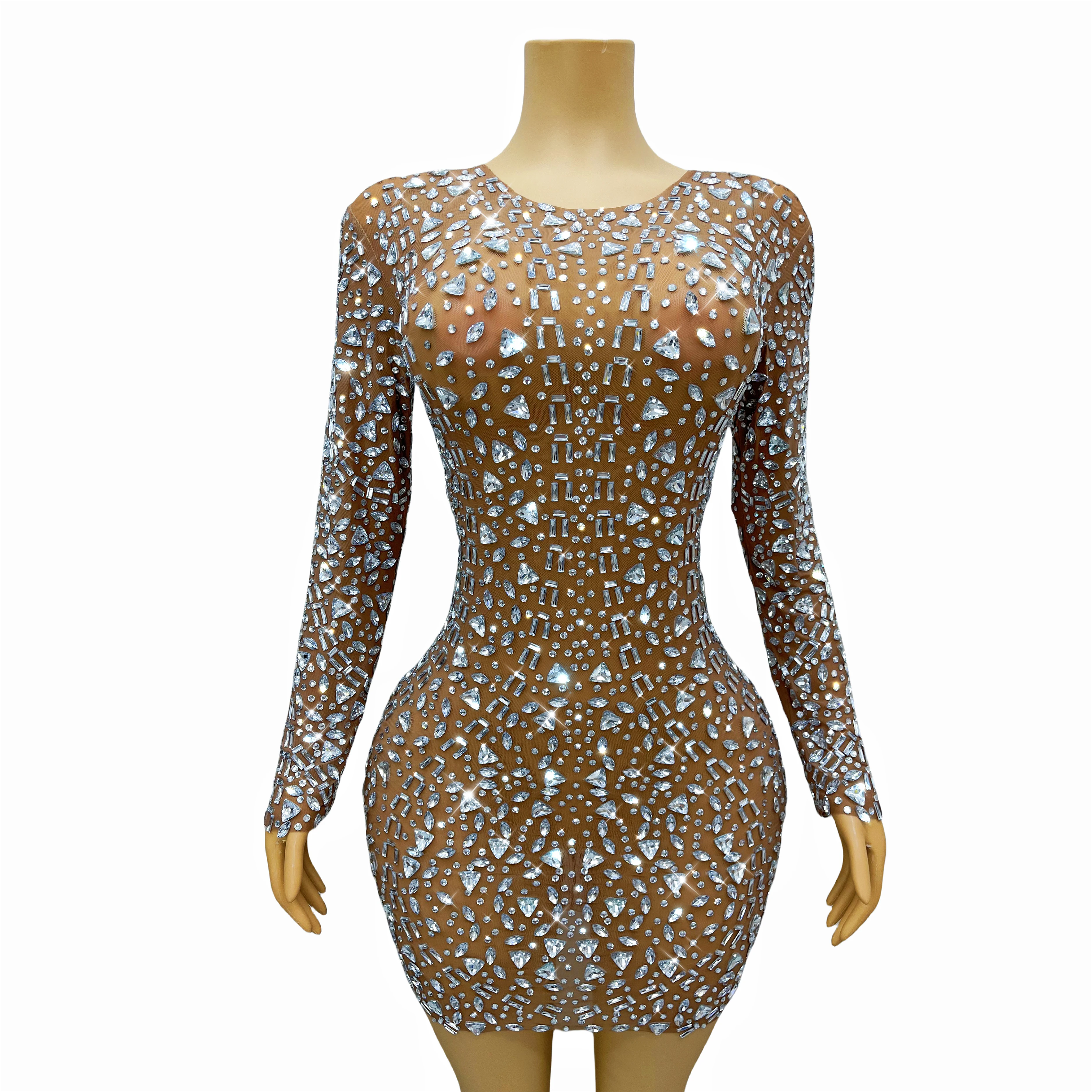 

Brown Mesh Silver Rhinestones Long Sleeves Dress Women Birthday Evening Celebrate Outfit Dance Show Costume sanjiaosuo