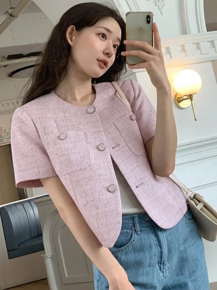 

Chic Summer Sweet Small Fraance Sle round Ne Mixed Color Design Button Loose Casual Versatile ort Sve Jaet for W...