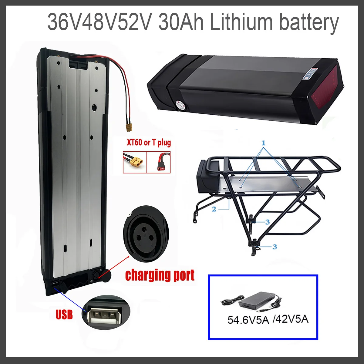 Paquete De Batería De Estante Trasero Para Motor 2000W 1500W 1000W 750W 500W 350W + Cargador 36V 48V 52V Original De Alta Calida