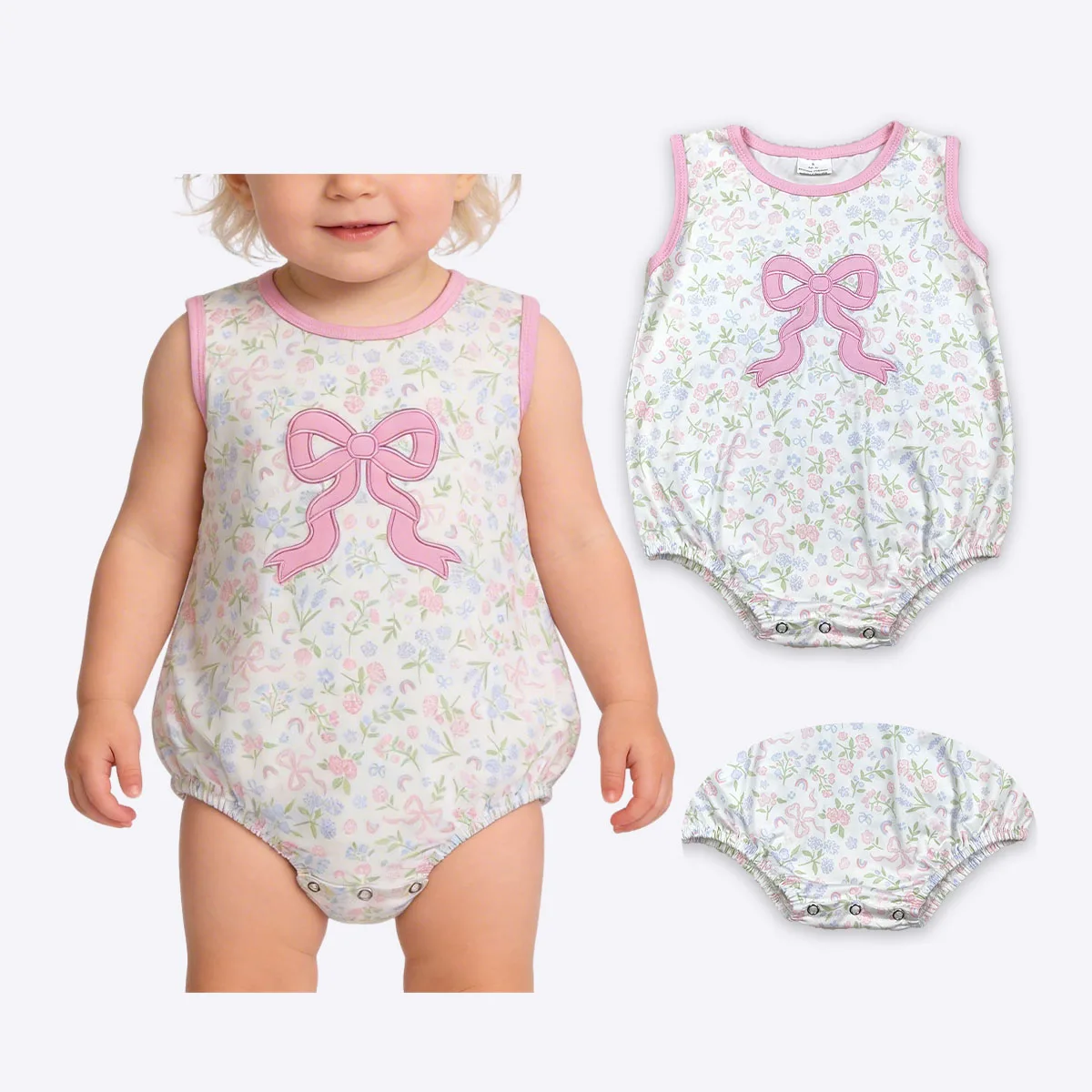 Summer Cute Wear Newborn Embroidery Pink Bow Baby Girls Sleeveless Flowers Ruffle Rompers Kids Bubbles Comfortable Wholesale