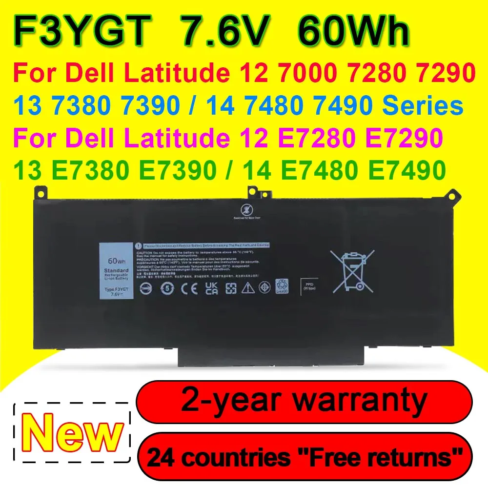 F3YGT Laptop Battery For DELL Latitude 12 7000 7280 7290 E7280 E7290 13 7380 7390 E7380 E7390 14 7480 7490 E7480 E7490 7.6V 60Wh