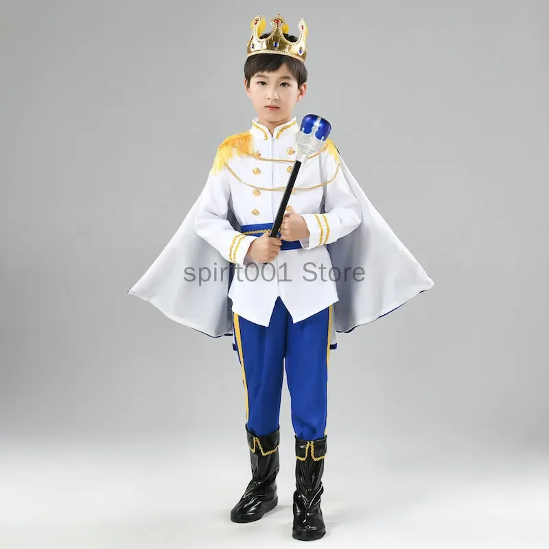 Halloween Costumes for Kids Prince Cosplay Costume Children Deluxe Medieval King Jacket With Cape Pants Crown Mace Suit Boys