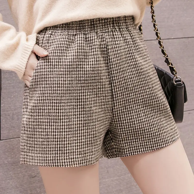 Plaid Shorts Frauen elastisch hohe Taille A-Linie weites Bein Femme Shorts Herbst Winter Dame elegante kurze Hosen Shorts feminino t510