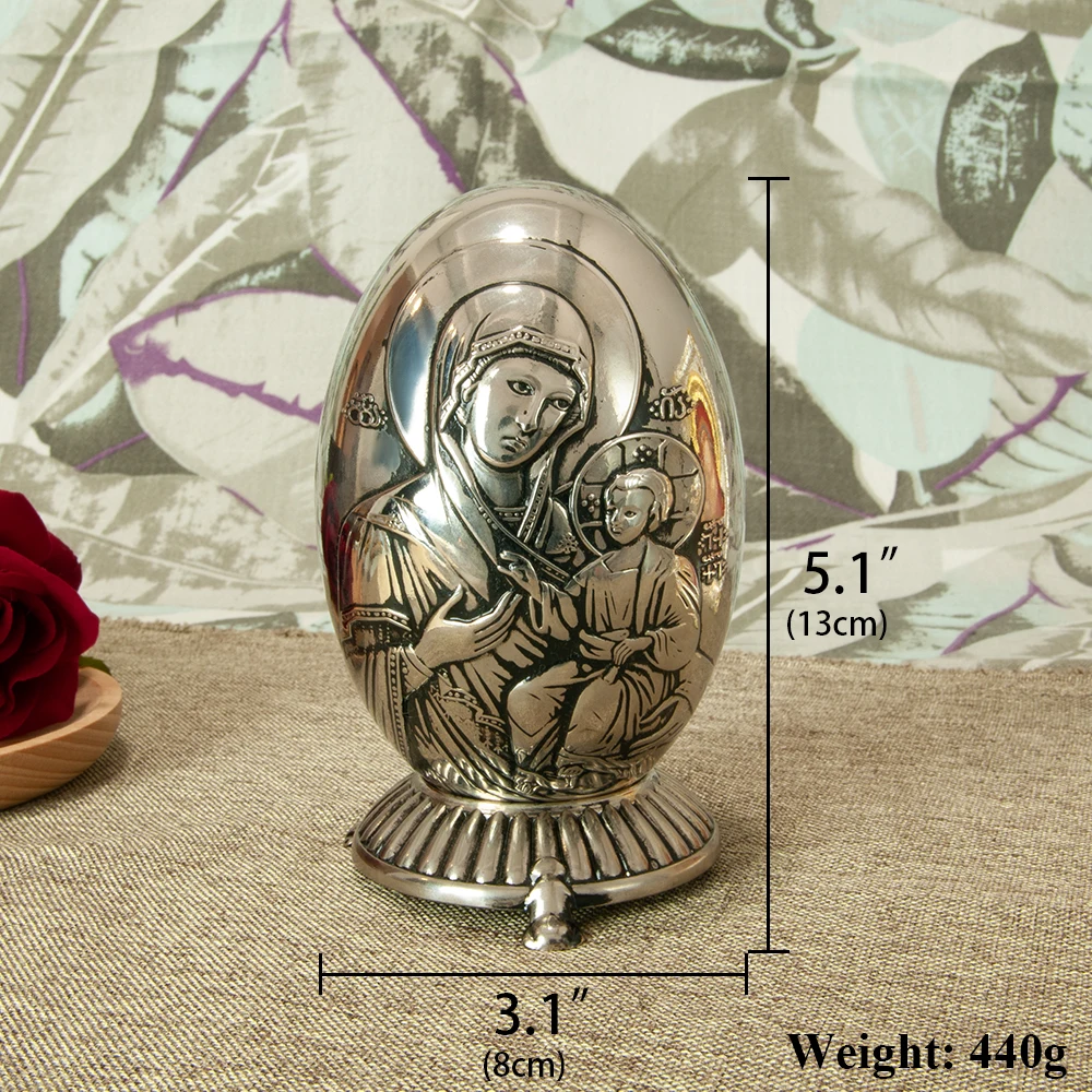 Metal Religious Ornament Virgin Mary and Jesus Egg Shape Home Decoration 5.12 Inches 0.97 Poundsfor Church Gift or Memorial