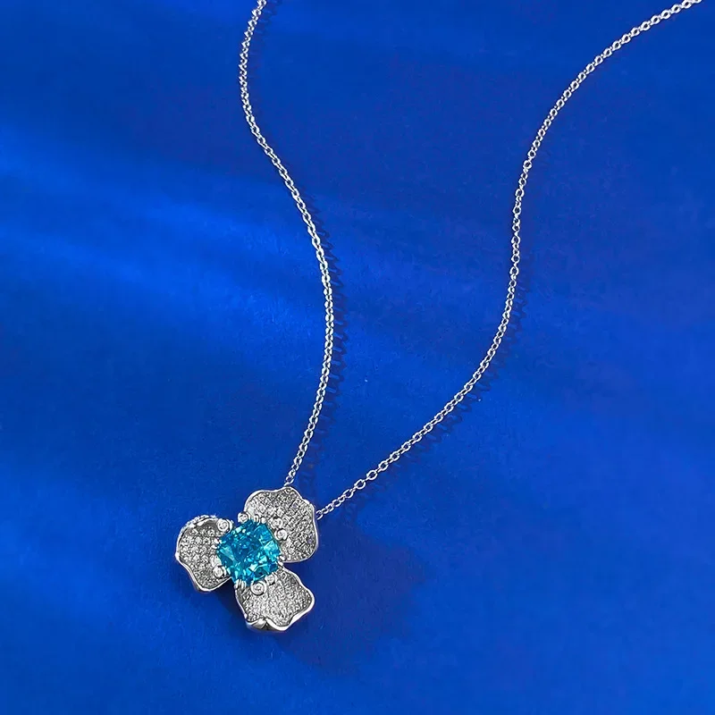 

New S925 Pure Silver Sea Blue Treasure 7 * 7 Redion Luxury Full Diamond Luxury Set Necklace Pendant for Women's Jewelry