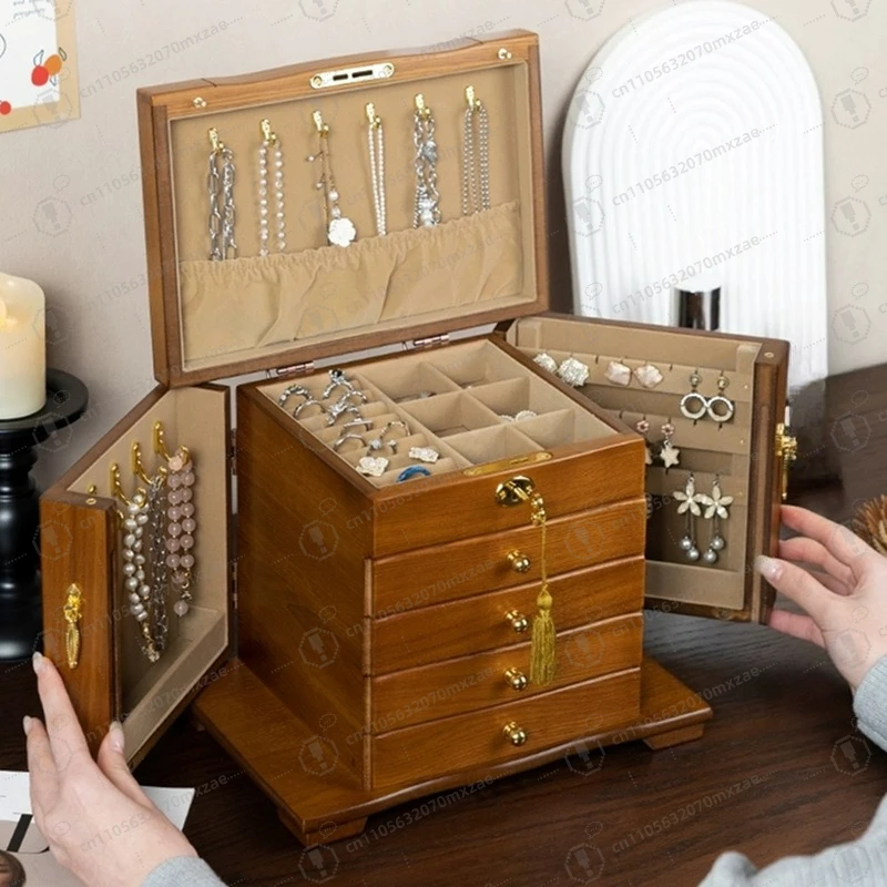 

1Pc Large Capacity Solid Wood Jewelry Box Multi-Layer Lockable Drawer Storage Box for Necklace Earring Ring Gift