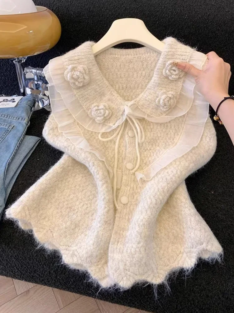 

Женский вязаный жилет с кружевом и пайетками, весенне-осенний дизайн, мягкий прямой крой, свитер-топ для повседневной носки