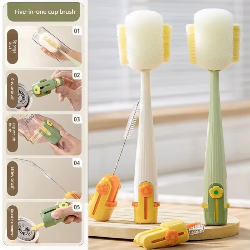 Brosse éponge 5-en-1 pour le nettoyage des tasses, outil multifonctionnel pour la maison, brosse pour tasses à eau, thermos, biberons