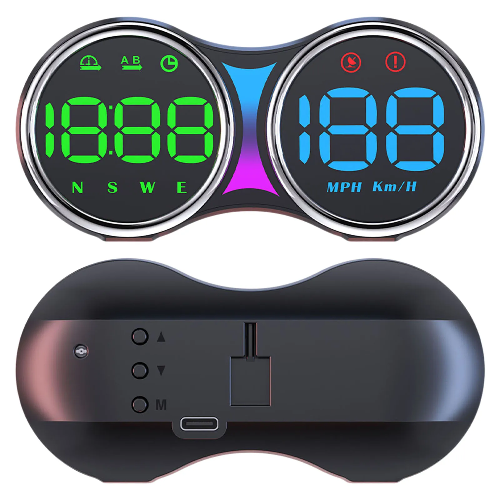 Dual GPS Satellite HUD 4 Inch Car Speed Monitor KM MPH Switch Overspeed Alert USB Car