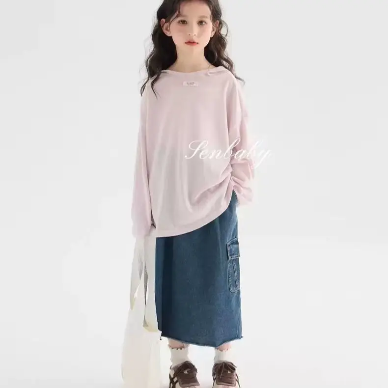 Girls Clothing Set 2026 Spring New Childrens Pink Stylish Hoodie and Denim Frayed Hem Skirt Two-Piece Set