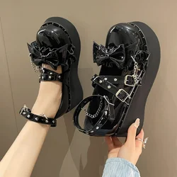 ZOKI 2024 Spring Chunky Platform Mary Janes Women Sweet Bowtie Ankle Strap Lolita Shoes Woman Rivets Punk Gothic Shoes Pumps