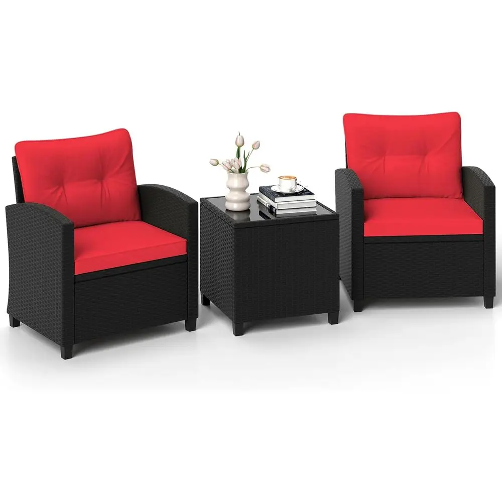 

Комплект садовой мебели из 3 предметов: плетеный диван с подушками и стеклянный кофейный столик, идеально подходит для балкона, террасы и зоны у бассейна, красный цвет