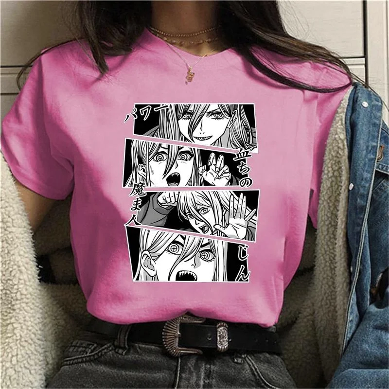 New Power Graphic Print T-shirt Summer Casual Crew Neck Loose Anime T Shirt Tops