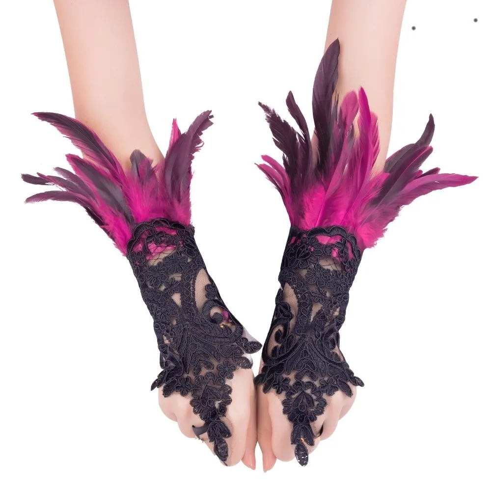 Creative Wristband Halloween Feather Gloves Retro Embroidery Feather Lace Glove Gothic Dark Women Halloween Cuffs Party Supplies
