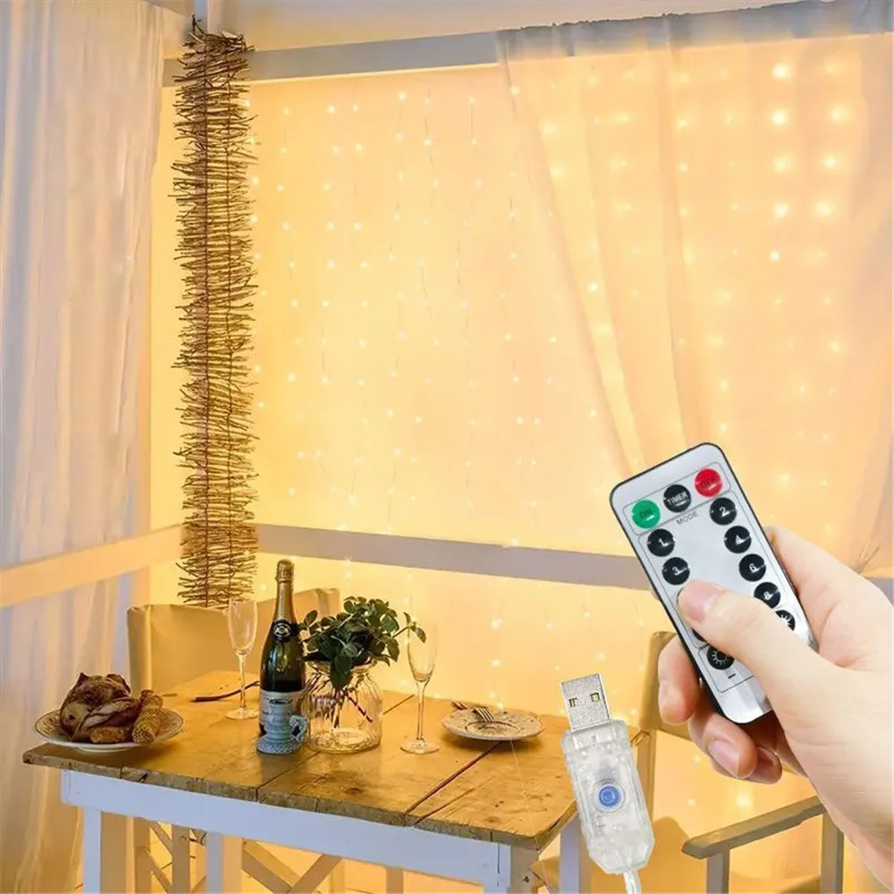 Lampu LED dekorasi Natal kamar tidur, lampu tirai USB 8 Mode, lampu luar ruangan, lampu senar liburan pernikahan 3M 4M 6M