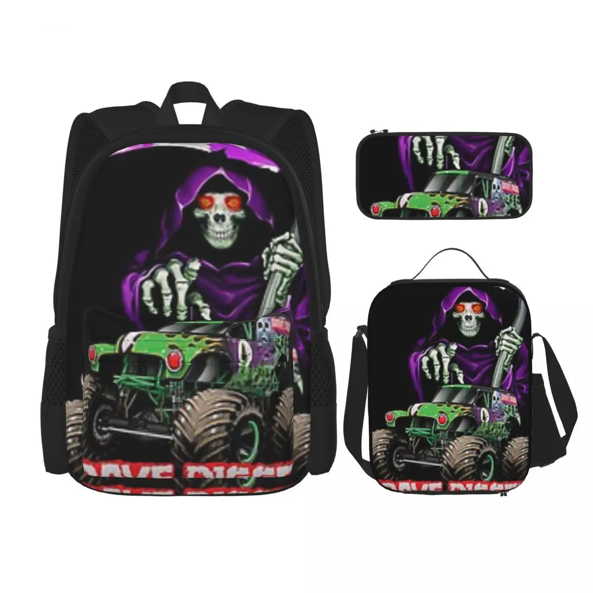 

Classic Monster Jam Pattern Backpacks Boys Girls Bookbag Students School Bags Kids Rucksack Lunch Bag Pen Bag Three-Piece Set