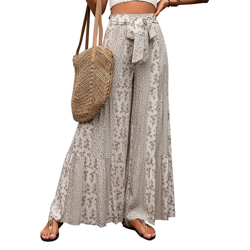Tie Printed Pants Full Length Casual with No Stretch High Waist Vacation Style Summer Private Celebrity Style Women Pants