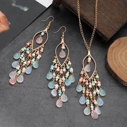 Bohemian Multicolor Crystal Long Tassel Dangle Earrings Necklace for Women Hangers Retro Gold Plated Geometric Wedding Jewelry
