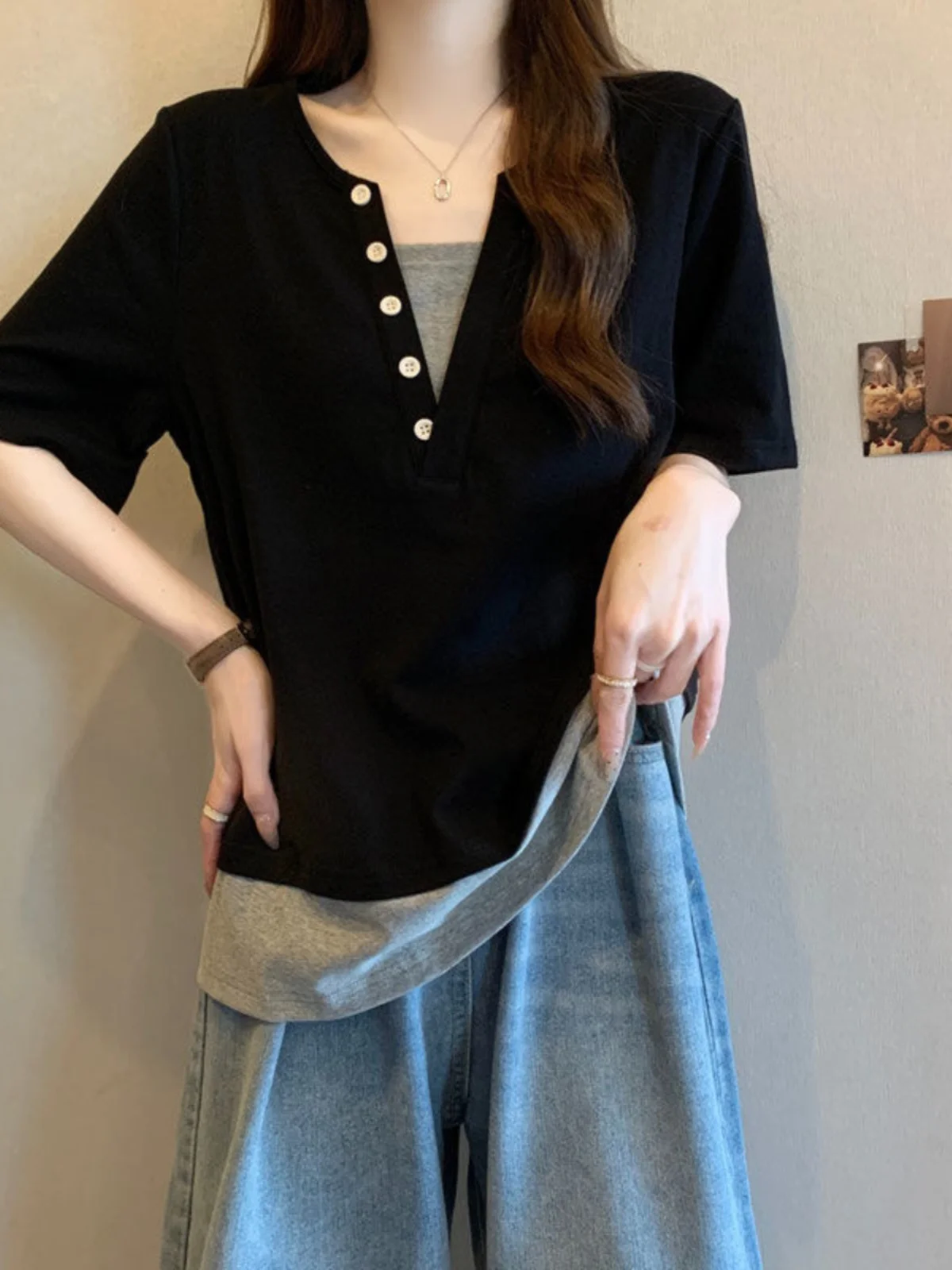 Summer Loose Fit Color Block Short Sleeve T-Shirt for plus Size Women Belly Covering Slimming Versatile Casual Top