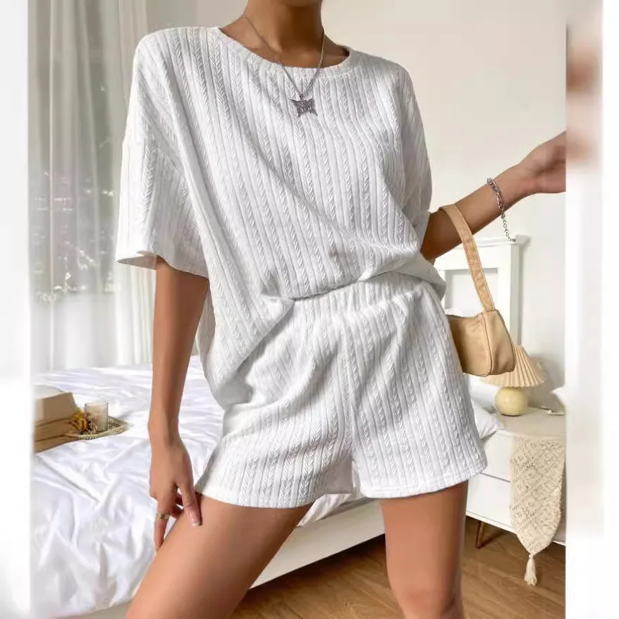 

Women's Suit New Solid Color ribbing short set Comfortable Round Neck Top Shorts Suit 2024 Summer Casual Two piece Set