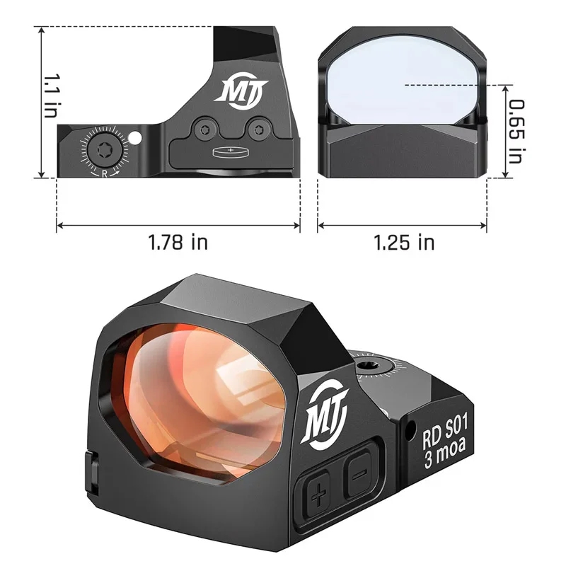 피스톨 옵틱스용 스코프 레드 닷 사이트, 리플렉스 조준기, 쉐이크 모션 어웨이크, GL MOS 및 피카티니 레일용 어댑터 포함, 3 MOA 옵트