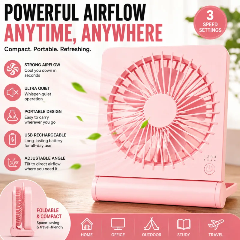 Mini Fan USB Rechargeable Foldable Desk Fan Portable Mini Fan Ultra Quiet 3 Speed Adjustable For Home Office Dorm Camping New