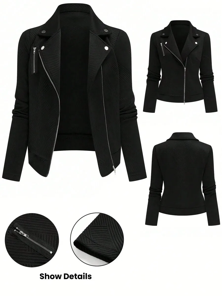 

Women's Textured Zip-Up Motorcycle Jacket with Lapel Collar, Casual Biker Style