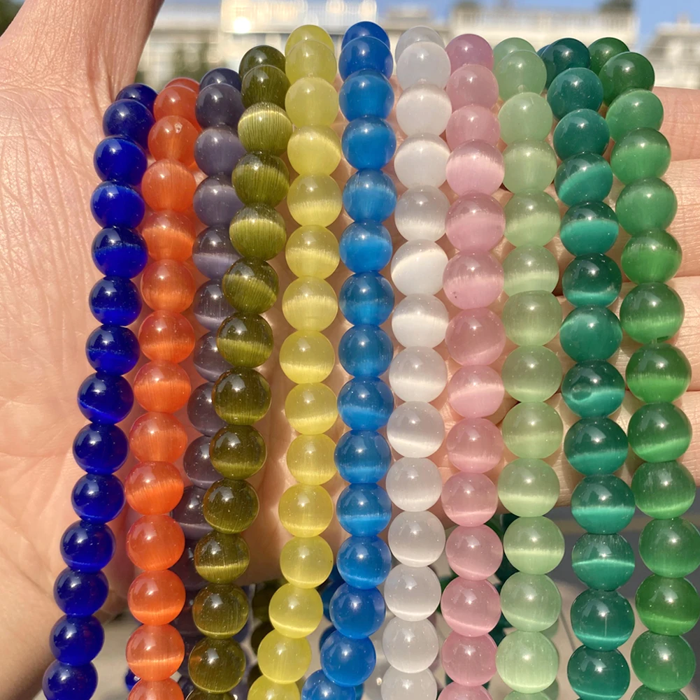4/6/8/10mm Natural Stone Beads White Colorful Cat Eye Round Loose Spacer Beads for Jewelry Making DIY Bracelet Accessories 15‘’
