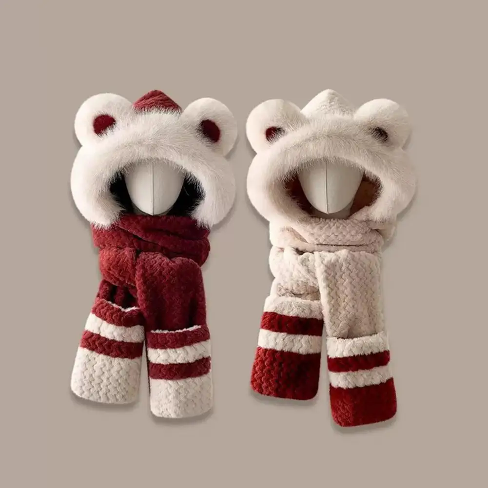 

Knit Scarf Gloves Set Solid Color Winter Accessories Kit Winter Bear Ear Decor Hat Scarf Gloves Set Thickened Plush for Cozy