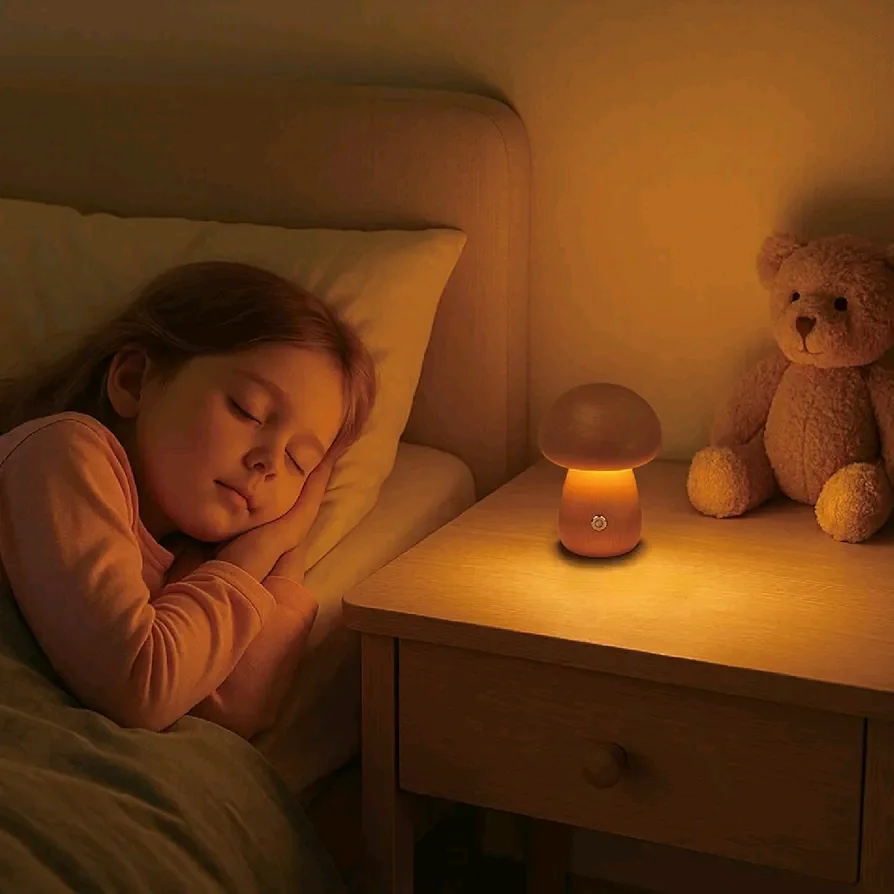مصباح ليلي على شكل فطر خشبي صديق للبيئة غير مطلي يعمل باللمس يعتم بطارية 900 مللي أمبير في الساعة 3000 كيلو ضوء دافئ بجانب السرير ديكور محيط للأطفال